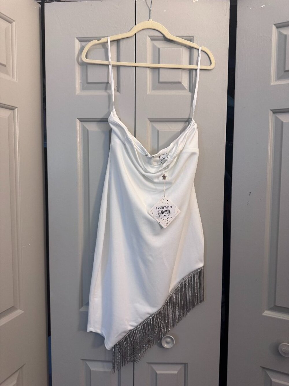 NWT Angel Biba White Satin Crystal Fringe Mini Dress